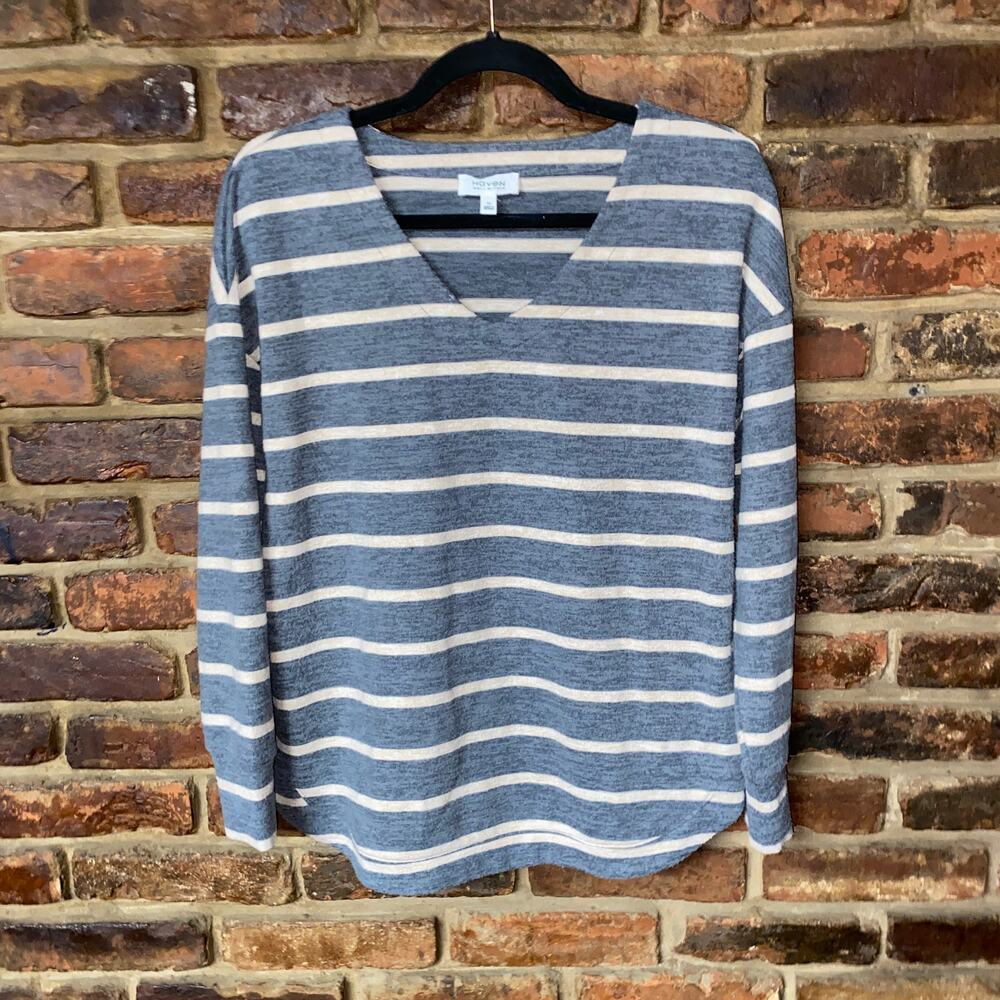 Haven Blue Cream Striped Soft Knit V-Neck Pullover Sweater Women's Size XS